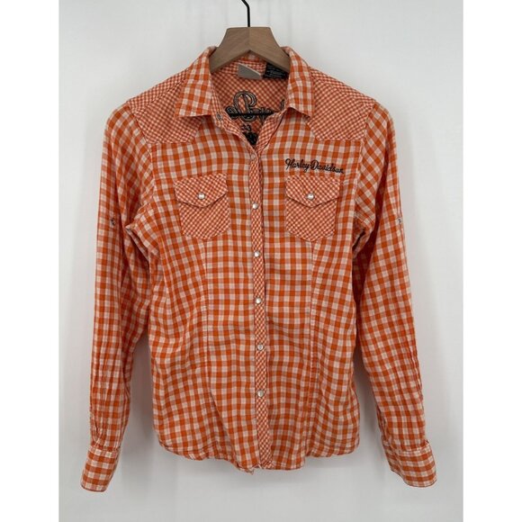 Harley Davidson Snap Button Shirt Women Medium Orange Plaid Long Sleeve Embroide - Picture 1 of 7